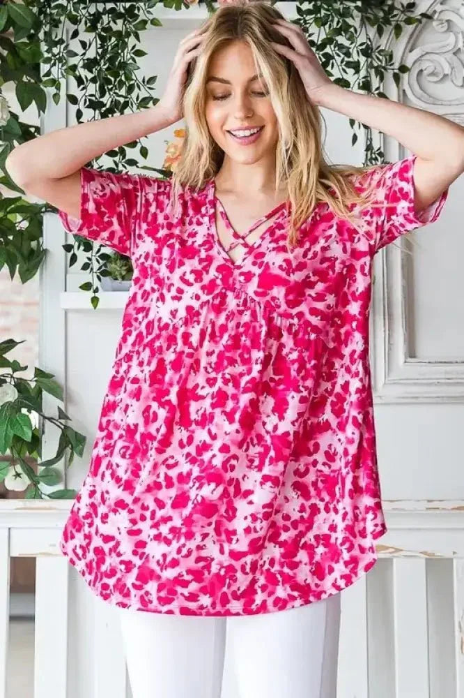 Heimish Full Size Short Sleeve Crisscross Animal Babydoll Top Plus Size - Update AvenueVacation StyleTrendsi1001009445611001001009445611003f05f71e - 0ea4 - 4e67 - 94f1 - 0db162fe1592 - MaxHot Pink