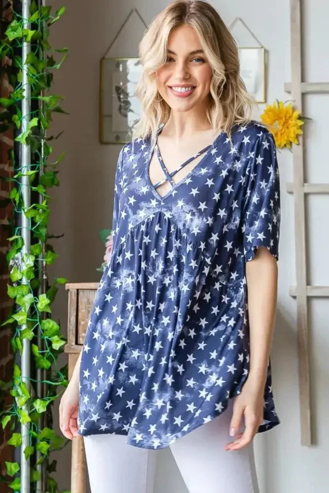 Heimish Full Size Short Sleeve Crisscross Star Babydoll Top - Update AvenueHonor the Stars and StripesTrendsi1001000335211661001000335211664721259c - e23b - 408f - 995e - b5ebae3d0ced - MaxNavy Star