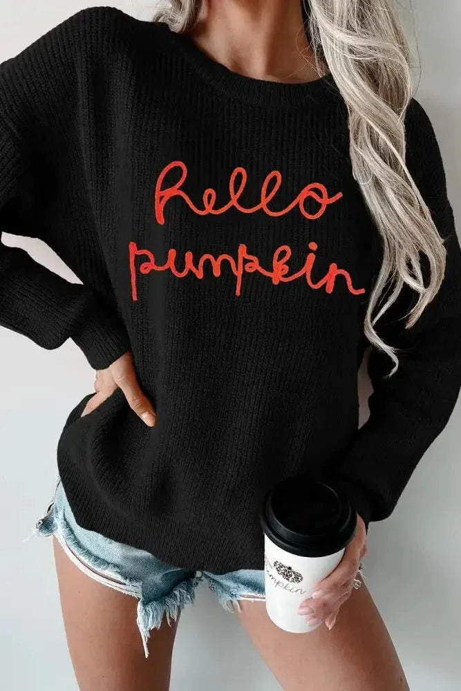 HELLO PUMPKIN Round Neck Long Sleeve Sweater - Update AvenueHalloweenTrendsi10010098972101310010098972101377ea82a1 - 1007 - 4ed4 - b534 - aff4796dffcf - MaxBlack