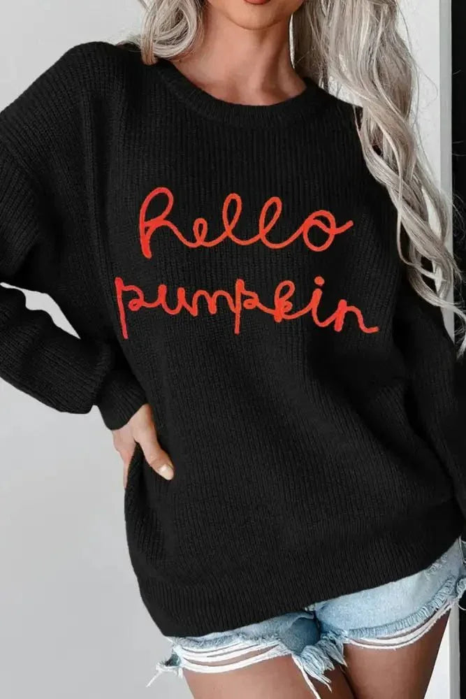HELLO PUMPKIN Round Neck Long Sleeve Sweater - Update AvenueHalloweenTrendsi100100989721013100100989721013ca372587 - 72db - 4518 - 991d - 5abcd66bf47b - MaxBlack