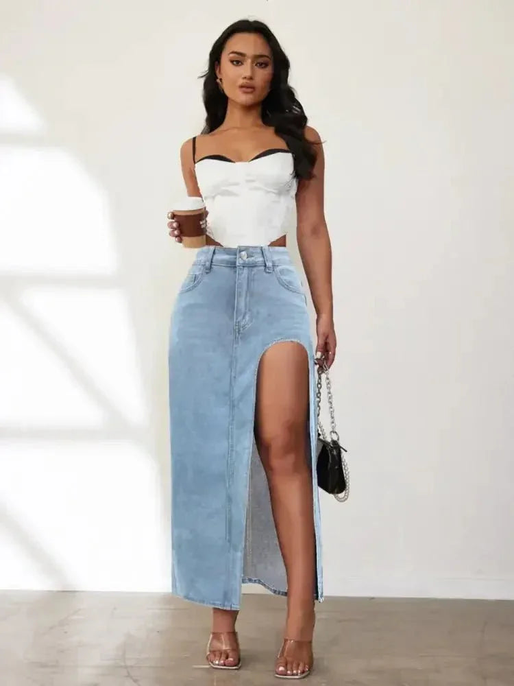 High Rise Slit Denim Skirt - Update AvenueDenim Dresses & SkirtsTrendsi1001003513861891001003513861893639487e - 1903 - 4dd5 - b92e - 766ac2b07a53 - MaxLight Blue