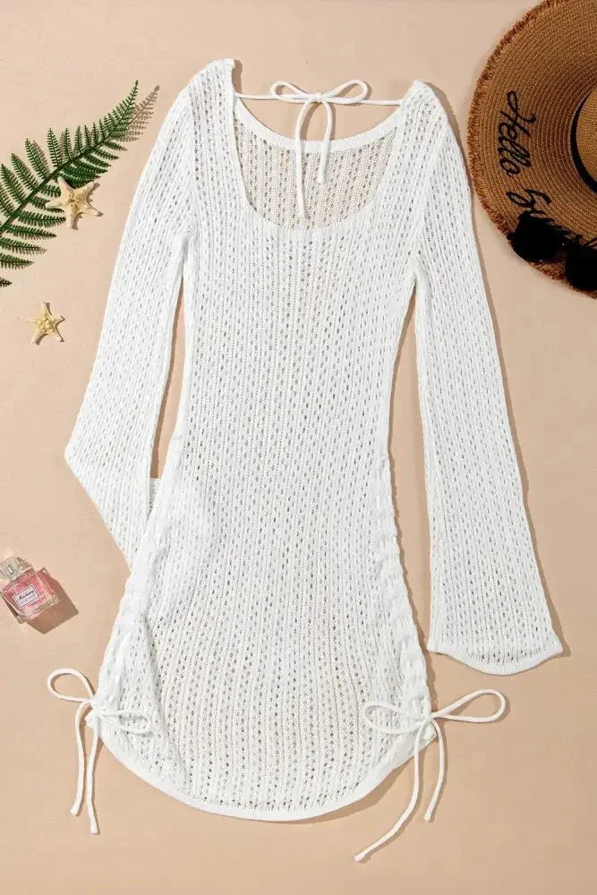 Hollow Out Bell Sleeve Drawstring Knit Cover Up Dress - Update AvenueTrendsi100100015612163100100015612163493ec8b8 - f69c - 4313 - b167 - b2062bd60cf3 - MaxWhite