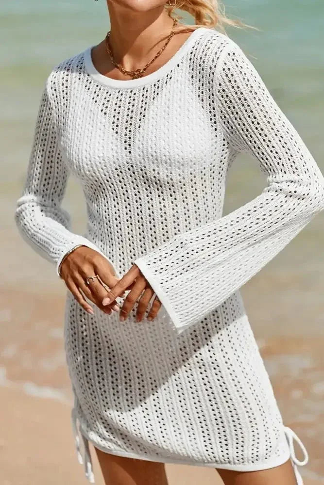 Hollow Out Bell Sleeve Drawstring Knit Cover Up Dress - Update AvenueTrendsi10010001561216310010001561216363f7b262 - 99e9 - 4eb8 - a783 - 98ec608fda08 - MaxWhite