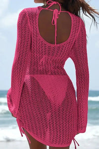 Hollow Out Bell Sleeve Drawstring Knit Cover Up Dress - Update AvenueTrendsi1001000156191491001000156191491defc095 - a3cb - 46bd - a8de - a9bf823b1f7d - MaxHot Pink