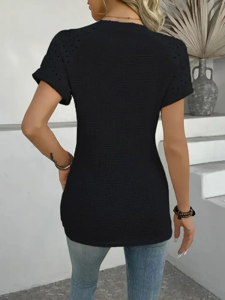 Hollow Out Waffle Knit Short Sleeve T-Shirt - Update AvenueT-ShirtsTrendsi1001004041116271001004041116275f7e606d8dc64b98a30167684dde88b2 - Max - OriginApricot