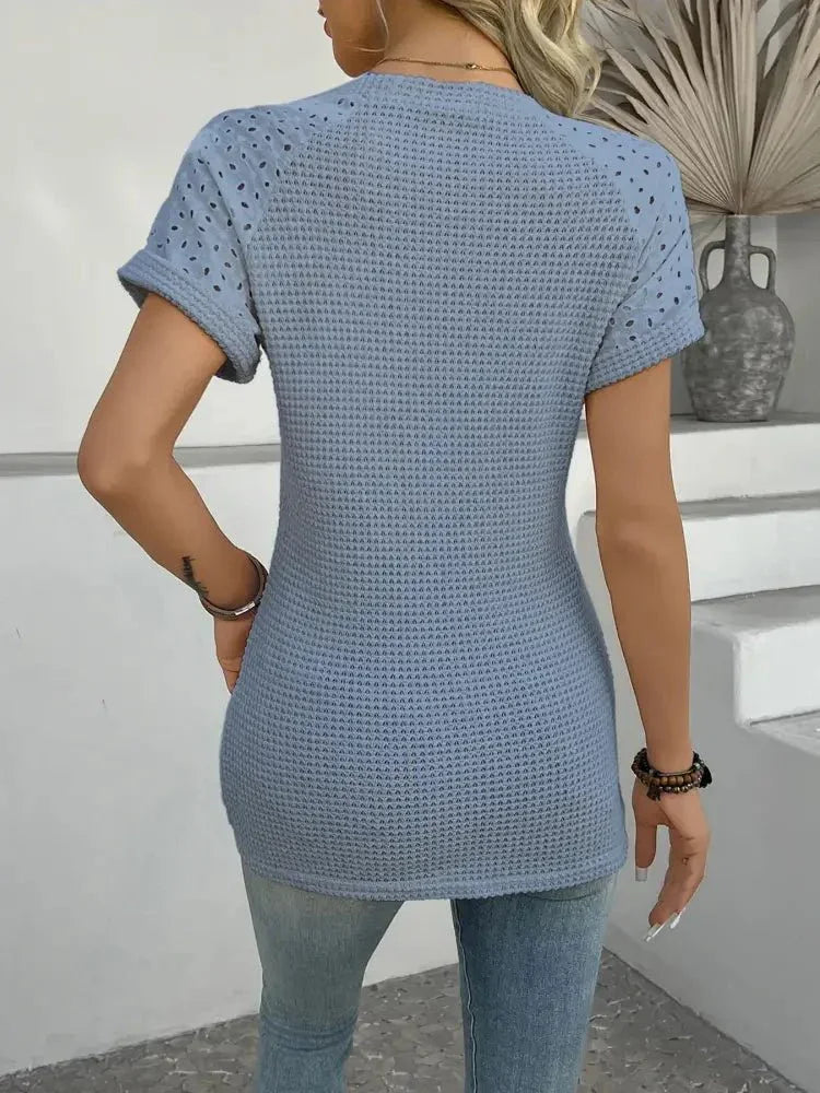 Hollow Out Waffle Knit Short Sleeve T-Shirt - Update AvenueT-ShirtsTrendsi100100404113677100100404113677cd17dc57d985453686fa6c7a0aca6da7 - Max - OriginBlue