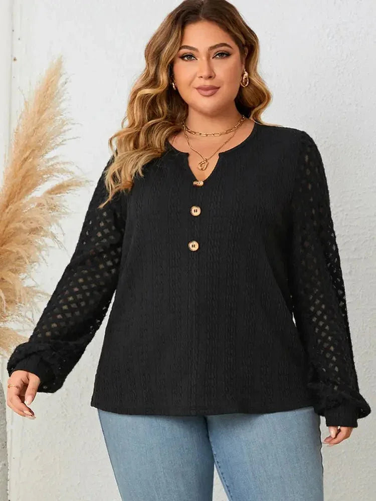 Honey Plus Size Openwork Notched Button Front Blouse - Update AvenueTrendsi1001014829067141001014829067149532a8b4bf8f479e9a95bfc291b7852f - MaxBlack