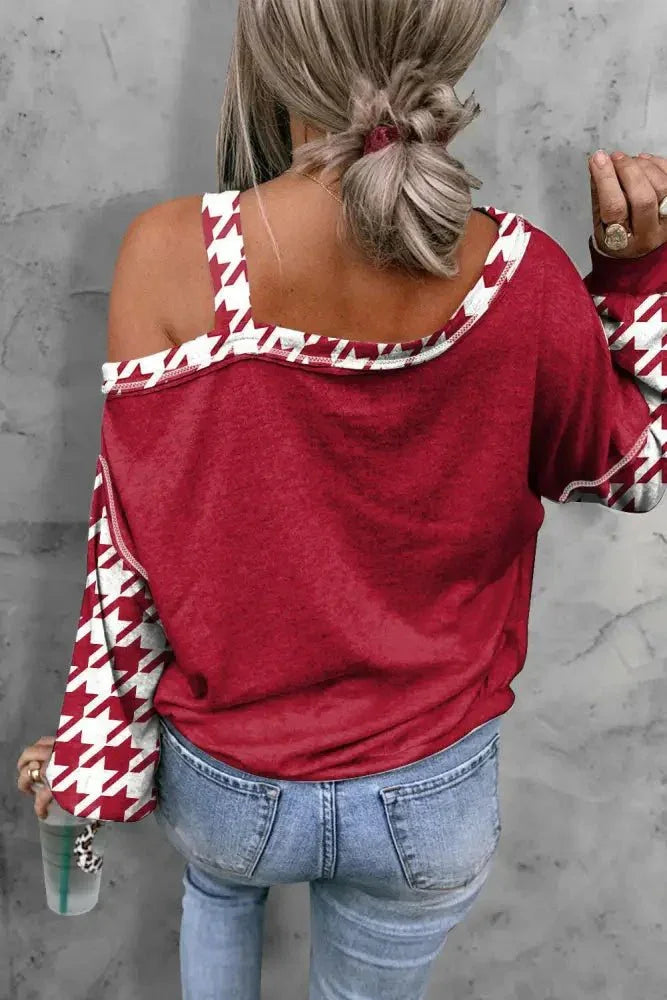 Houndstooth Long Sleeve Asymmetrical Neck Top - Update AvenueTrendsi100101368839828100101368839828875860dc0dfc44748dd0141728c70b3b - MaxDeep Red