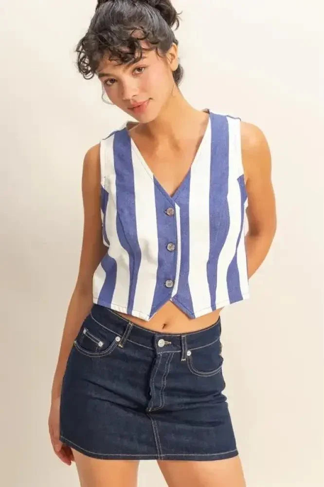 HYFVE Woven Striped V - Neck Button Down Vest - Update AvenueTanks & CamisTrendsi100100485641172100100485641172e9027de76ada42ac9230c7527b680a5a - Max - OriginINDIGO/CREAM