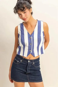 HYFVE Woven Striped V - Neck Button Down Vest - Update AvenueTanks & CamisTrendsi100100485641172100100485641172e9027de76ada42ac9230c7527b680a5a - Max - OriginINDIGO/CREAM