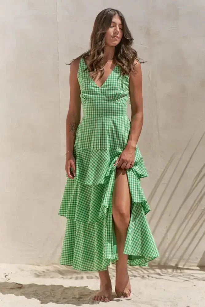 Jade By Jane Full Size Sleeveless Gingham Print Tiered Midi Dress Plus Size - Update AvenueTrendsi1001008298115521001008298115521535cf8233af42cdba47f4f6175317d2 - Max - OriginGREEN