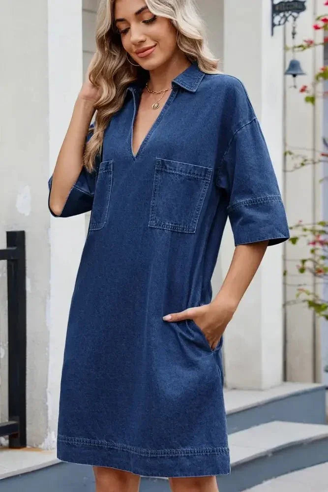 Johnny Collar Half Sleeve Denim Dress - Update AvenueVacation StyleTrendsi100100242621327100100242621327396a2bb1 - 4c62 - 4880 - b825 - 05d4def2a410 - MaxDark