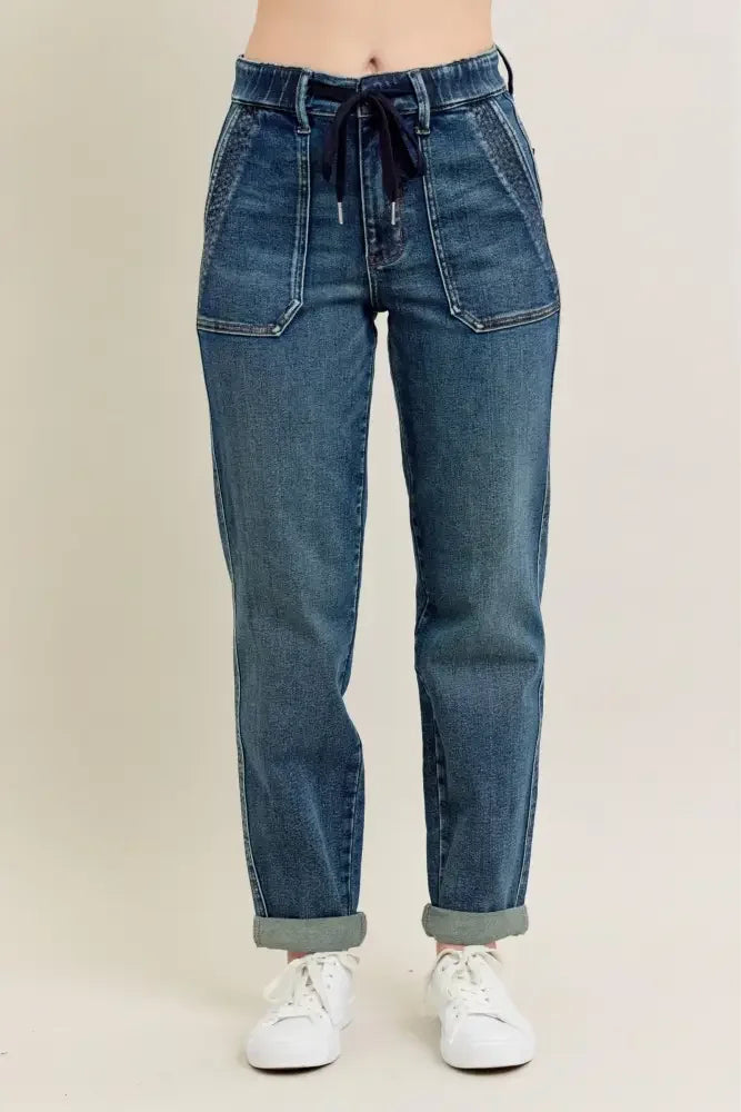 Judy Blue Full Size HW Vintage Wash Jeans w/ Drawstring Plus Size