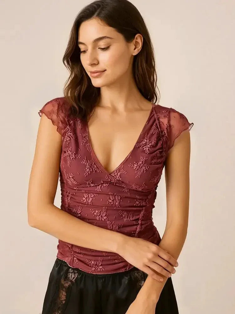 Lace Cap Sleeve Ruched T-Shirt - Update AvenueT-ShirtsTrendsi100100500469152100100500469152449f334a - 345c - 4b05 - a572 - a3c57510283e - Max - OriginRed