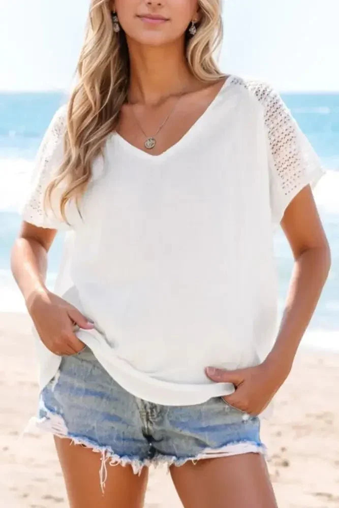 Lace Crochet Textured Button Back V Neck T Shirt - Update AvenueT-ShirtsTrendsi100100831715357100100831715357a297f817 - f8a3 - 432e - 9dff - 4b950c43f691 - Max - OriginWhite
