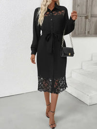 Lace Detail Button-Front Midi Shirt Dress