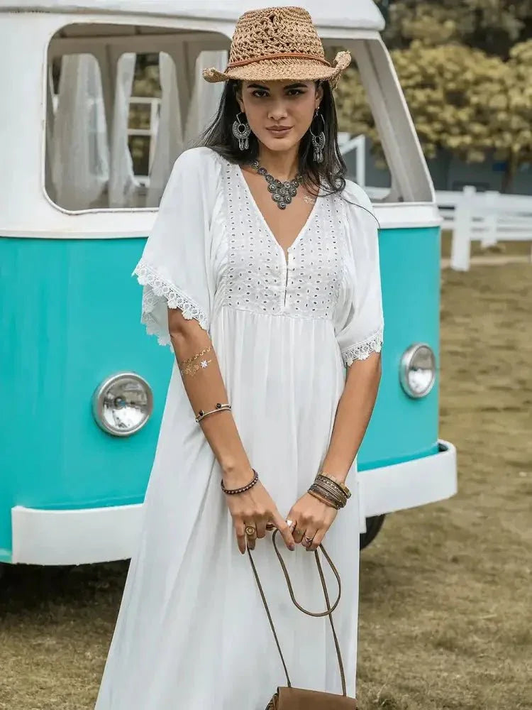 Lace Detail Eyelet V - Neck Half Sleeve Dress - Update AvenueBoho VibesTrendsi10010066958125810010066958125866283917 - bbc9 - 4cc6 - a09e - c1b975bf7cf6 - MaxWhite