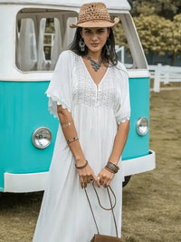 Lace Detail Eyelet V - Neck Half Sleeve Dress - Update AvenueBoho VibesTrendsi10010066958125810010066958125866283917 - bbc9 - 4cc6 - a09e - c1b975bf7cf6 - MaxWhite