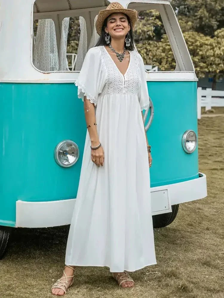 Lace Detail Eyelet V - Neck Half Sleeve Dress - Update AvenueBoho VibesTrendsi1001006695812581001006695812580ff49d75 - 67ea - 433a - 855c - e640bcac44ba - MaxWhite