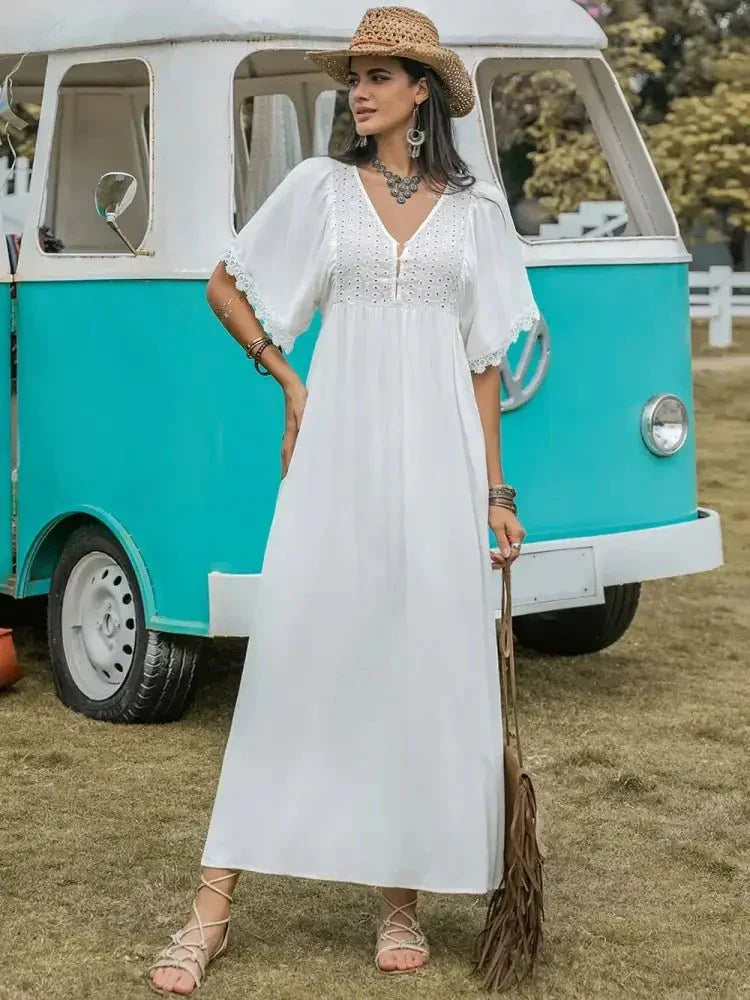 Lace Detail Eyelet V - Neck Half Sleeve Dress - Update AvenueBoho VibesTrendsi1001006695812581001006695812580b43cb04 - b795 - 43c6 - 9a25 - a1c4ec63167d - MaxWhite