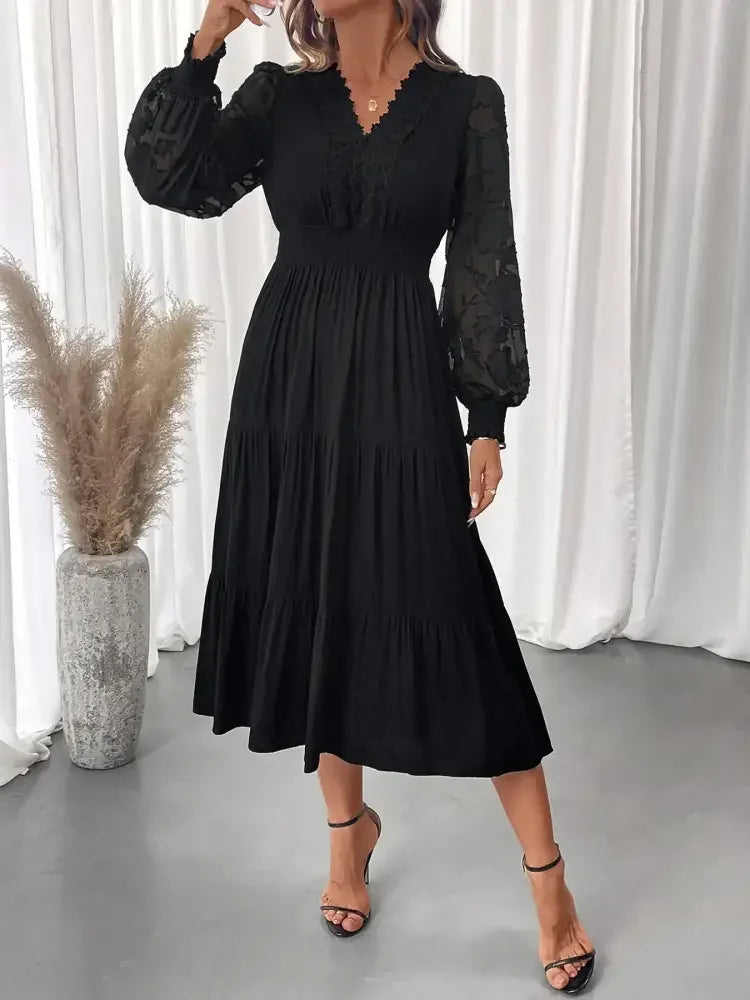 Lace Detail Lantern Sleeve Tiered Dress