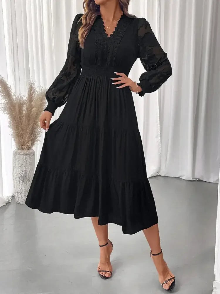 Lace Detail Lantern Sleeve Tiered Dress