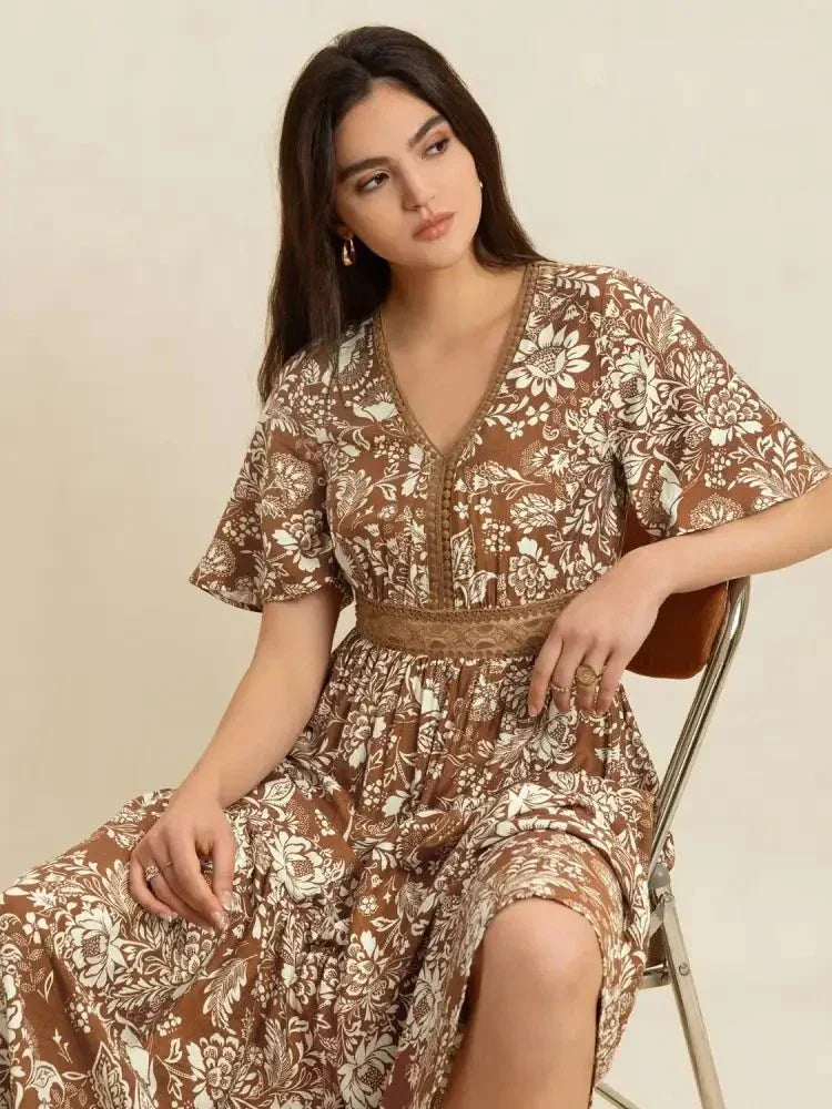Lace Detail Printed Short Sleeve Midi Dress - Update AvenueBoho VibesTrendsi1001000752718241001000752718244288bed8 - 32ae - 4fb9 - a852 - 57c0431c22c7 - Max - OriginCamel
