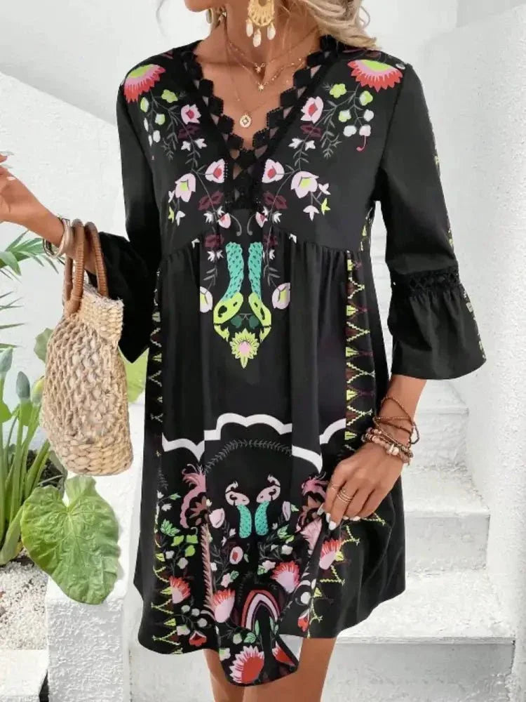 Lace Detail Printed Three - Quarter Sleeve Dress - Update AvenueVacation StyleTrendsi10010056868211210010056868211295d45594 - fa2f - 4362 - 8fd8 - 7b6600b7e531 - MaxBlack