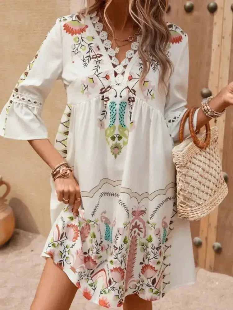 Lace Detail Printed Three - Quarter Sleeve Dress - Update AvenueVacation StyleTrendsi100100568682510100100568682510accff657 - a416 - 4722 - 964d - e86b063388f2 - MaxApricot