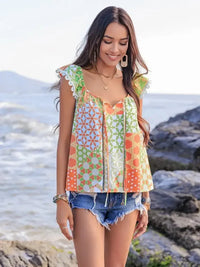 Lace Detail Printed Tie Neck Cap Sleeve Blouse - Update AvenueBoho VibesTrendsi1001001893815061001001893815066f945f6e - b9a6 - 498d - 96d0 - eca06f970cd0 - Max - OriginMulticolor