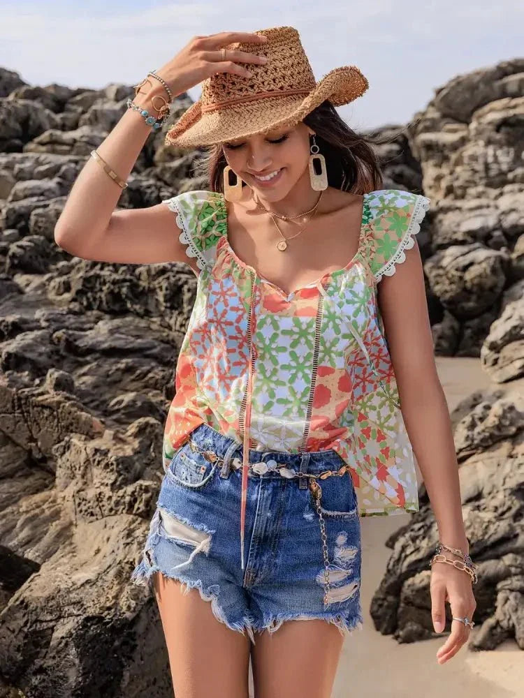 Lace Detail Printed Tie Neck Cap Sleeve Blouse - Update AvenueBoho VibesTrendsi100100189381506100100189381506540bd508 - 2b08 - 45bb - b74c - 44bb13a4f23a - Max - OriginMulticolor