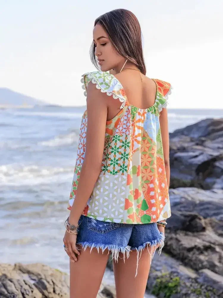 Lace Detail Printed Tie Neck Cap Sleeve Blouse - Update AvenueBoho VibesTrendsi1001001893815061001001893815064ee8a94b - ae3d - 4e70 - 85fb - 16337ce8e776 - Max - OriginMulticolor