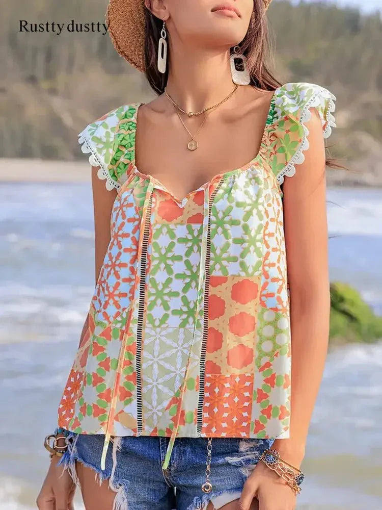 Lace Detail Printed Tie Neck Cap Sleeve Blouse - Update AvenueBoho VibesTrendsi1001001893815061001001893815062e214ca0 - f82c - 4424 - beef - 035c12c803b5 - Max - OriginMulticolor