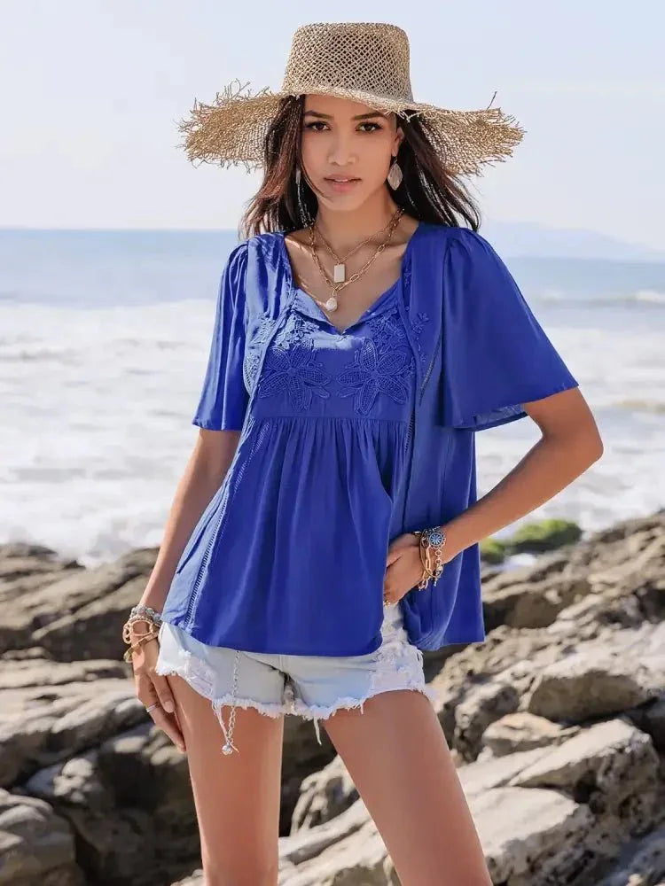 Lace Detail Tie Neck Short Sleeve Top - Update AvenueT-ShirtsTrendsi100100084101029100100084101029188f5b06 - ff3c - 414c - a0fb - 80ccbe3308a1 - Max - OriginRoyal Blue
