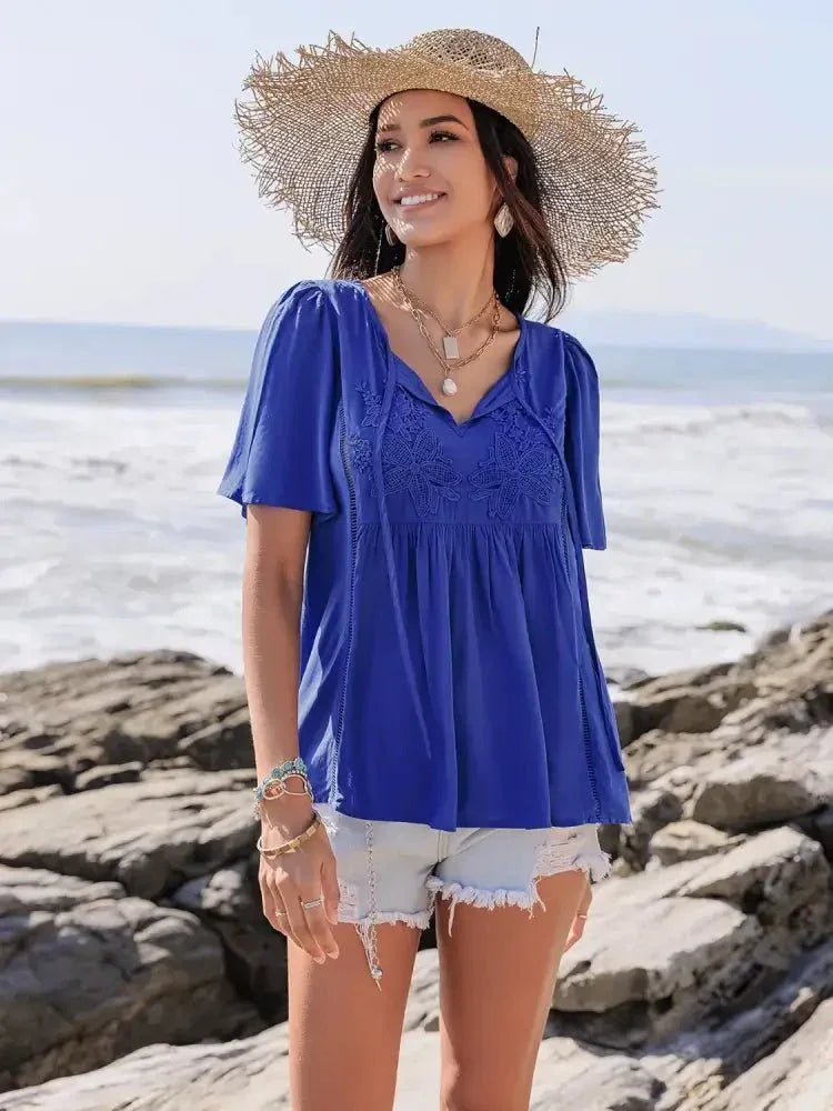 Lace Detail Tie Neck Short Sleeve Top - Update AvenueT-ShirtsTrendsi100100084101029100100084101029dd2cab29 - 63ce - 4e85 - 84b4 - bb38388c2f48 - Max - OriginRoyal Blue