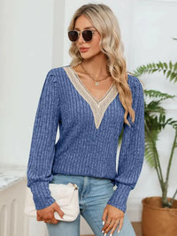 Lace Detail V - Neck Ribbed Blouse - Update AvenueTrendsi1001011539226691001011539226695a06e37f516845a2b9dd1665788130d9 - MaxCobalt Blue