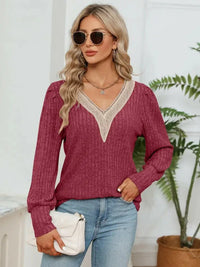 Lace Detail V - Neck Ribbed Blouse - Update AvenueTrendsi100101153923240100101153923240a1f1a940c0c44d348c6bff7e6d7a0bec - MaxBrick Red