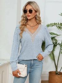 Lace Detail V - Neck Ribbed Blouse - Update AvenueTrendsi1001011539234571001011539234571c2fdd0d23a2411ea26d316587e47931 - MaxMisty Blue