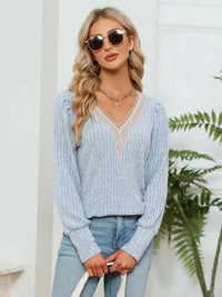 Lace Detail V - Neck Ribbed Blouse - Update AvenueTrendsi100101153923457100101153923457f63a78ae262b4e62b17f18cf9535e246 - MaxMisty Blue