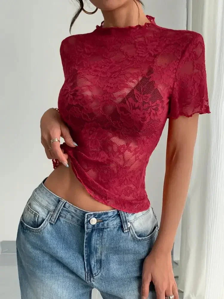 Lace Mock Neck Short Sleeve Top - Update AvenueT-ShirtsTrendsi100100099991130100100099991130ba28a7d4 - 90ac - 45d9 - a791 - 741aae46bf5b - Max - OriginScarlet