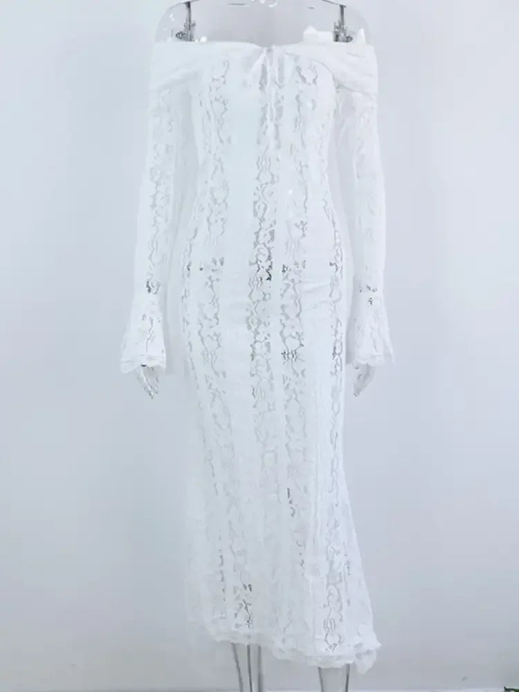 Lace Off-Shoulder Flounce Sleeve Maxi Dress