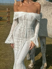 Lace Off-Shoulder Flounce Sleeve Maxi Dress