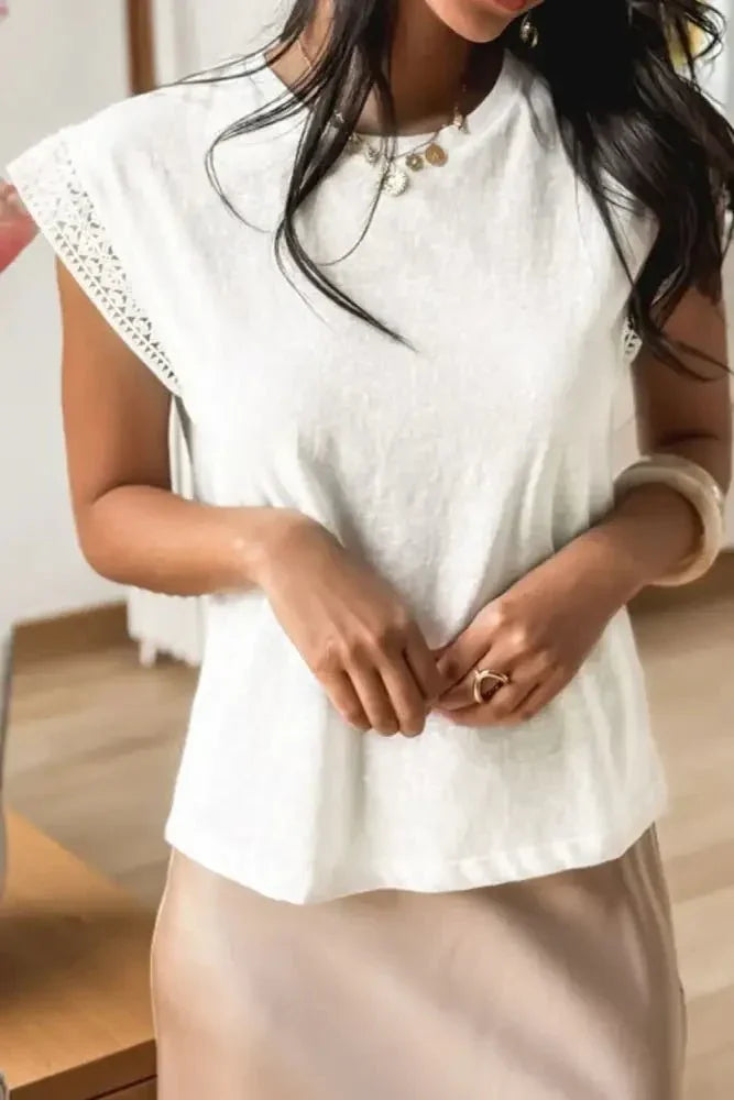 Lace Patchwork Cap Sleeve Round Neck T Shirt - Update AvenueT-ShirtsTrendsi1001001718601721001001718601721e7dbb45 - d38d - 4988 - 80df - d48e60834f80 - Max - OriginWhite