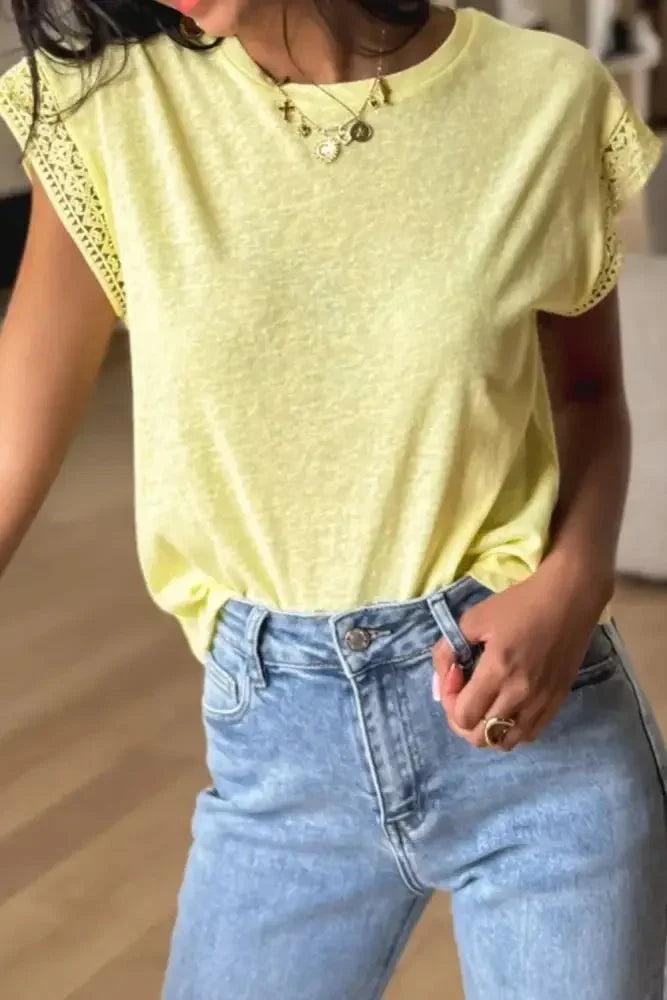 Lace Patchwork Cap Sleeve Round Neck T Shirt - Update AvenueT-ShirtsTrendsi1001001718611311001001718611317c85e437 - 3430 - 42a7 - be35 - 740660aaadd8 - Max - OriginLight Yellow