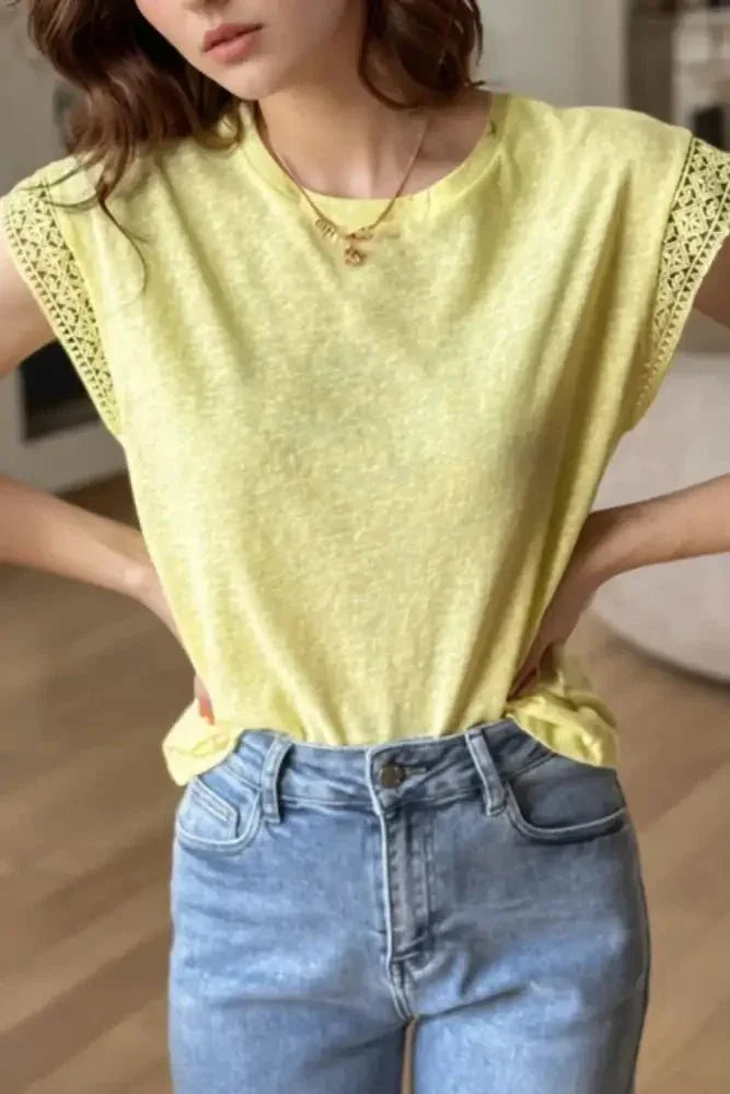 Lace Patchwork Cap Sleeve Round Neck T Shirt - Update AvenueT-ShirtsTrendsi100100171861131100100171861131f4bada0b - da80 - 4a15 - a5e0 - 75c697c638fb - Max - OriginLight Yellow