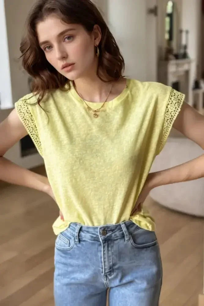 Lace Patchwork Cap Sleeve Round Neck T Shirt - Update AvenueT-ShirtsTrendsi100100171861131100100171861131d6ff3dd6 - ba5e - 411e - 824d - 27c5516a484d - Max - OriginLight Yellow