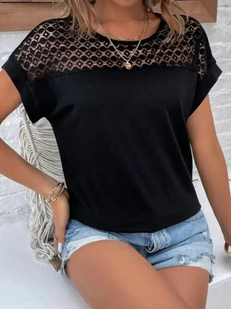 Lace Round Neck Short Sleeve T-Shirt - Update AvenueT-ShirtsTrendsi10010014239112110010014239112111c0b999 - 07ce - 4de9 - 9bc5 - b2e4e6608688 - Max - OriginBlack