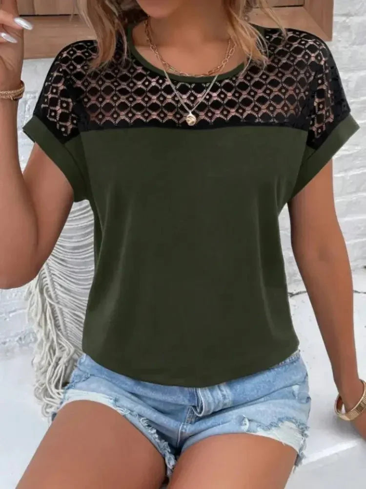 Lace Round Neck Short Sleeve T-Shirt - Update AvenueT-ShirtsTrendsi100100142391554100100142391554371e5876 - 196e - 49b5 - b915 - 2846a1f6d8b3 - Max - OriginArmy Green
