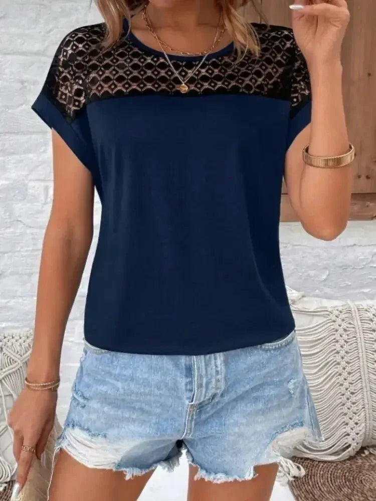 Lace Round Neck Short Sleeve T-Shirt - Update AvenueT-ShirtsTrendsi100100142396728100100142396728e9dbf6a7 - 5061 - 4644 - b917 - 6dfb13595e1b - Max - OriginDark Navy