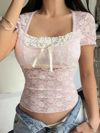 Lace Short Sleeve T-Shirt with Bow Detail - Update AvenueT-ShirtsTrendsi100100815612585100100815612585984b30bddff14669bbc282b1c76905e1 - Max - OriginPink